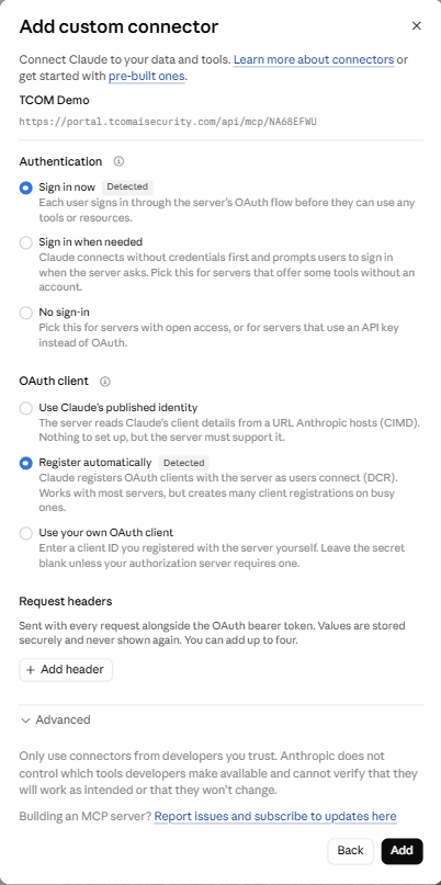 Adding the connector in Claude, with Register automatically selected.