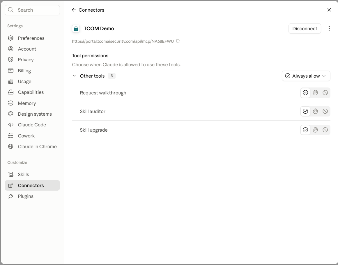 The tool list after connecting.